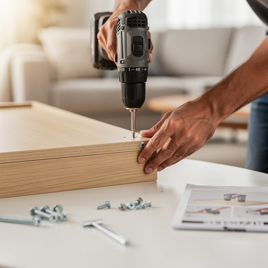 DWorks Handyman expert assembling furniture in a San Diego home, showcasing professional furniture assembly service
